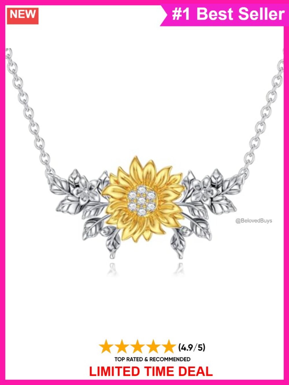 925 Sterling Silver Lab Grown Diamond Sunflower Pendant Necklace